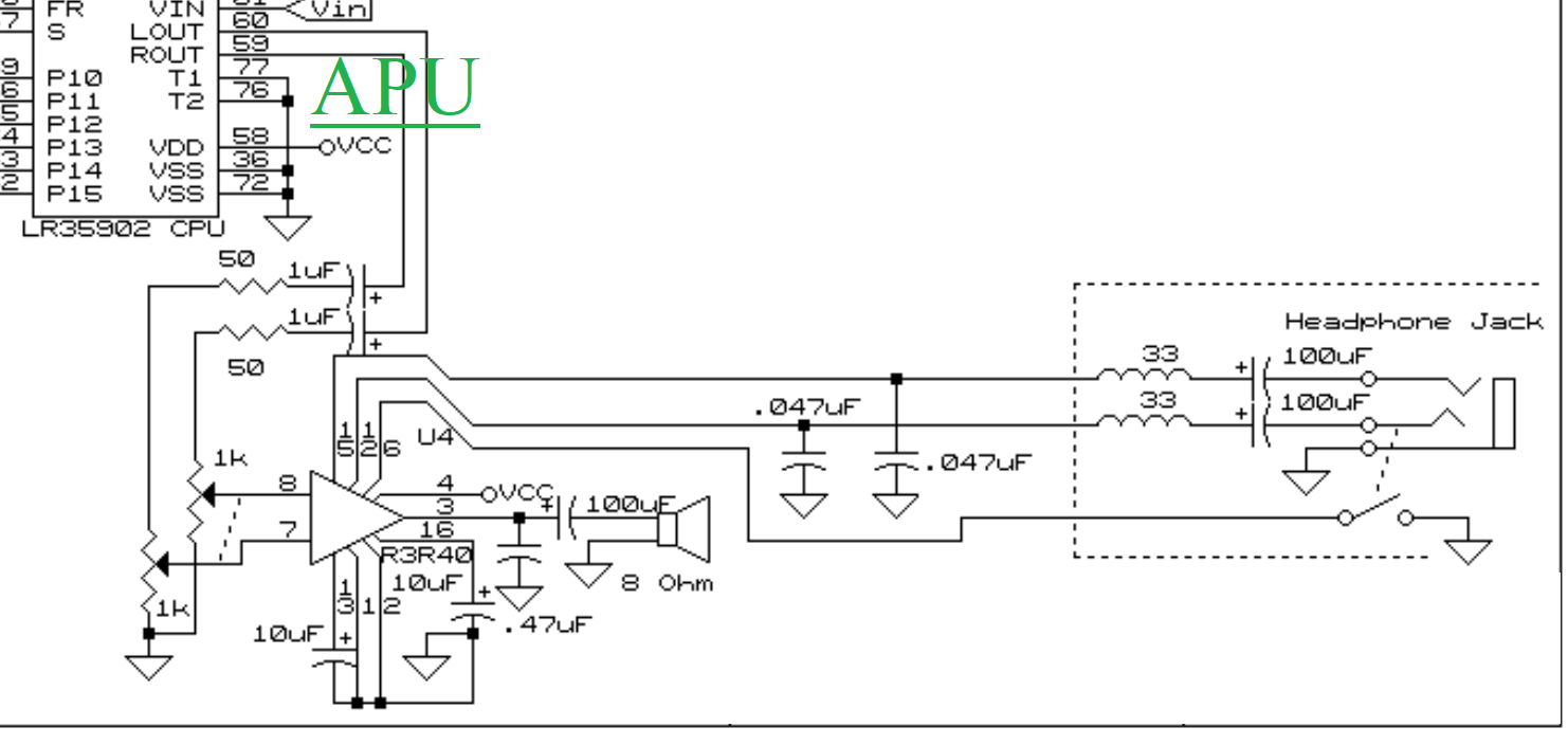 Esquemática da APU, amplificador e entrada pra fone de ouvido do Game Boy
